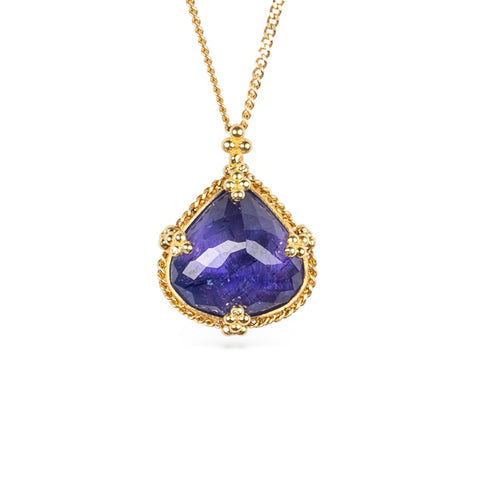 Tanzanite pendant on a gold chain against a white background