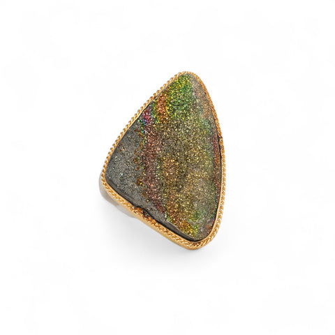 Rainbow Pyrite Druzy ring with gold bezel and silver band