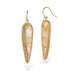 Gold-framed earrings with rutilated quartz on a white background