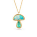 Gold necklace with a mushroom pendant featuring an opal and emerald stone on a white background