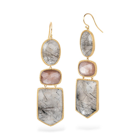 Gold earrings featuring pink moonstone and tourmalated quartz gemstones