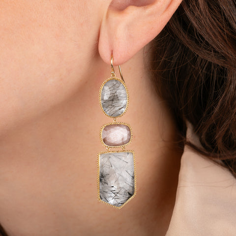 Gold earrings featuring pink moonstone and tourmalated quartz gemstones