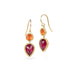 Gold earrings with tourmaline and fire opal gemstones on a white background