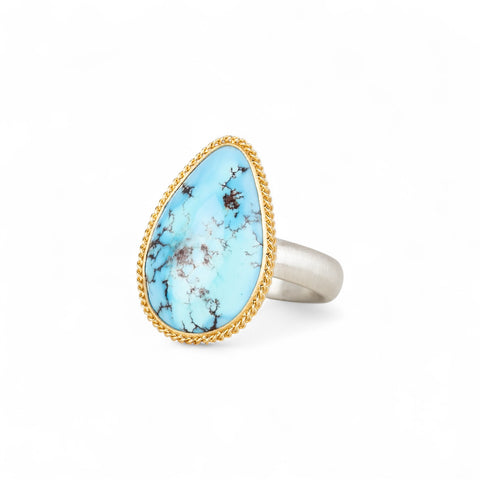 Turquosie teardrop ring with gold bezel and sterling silver ring