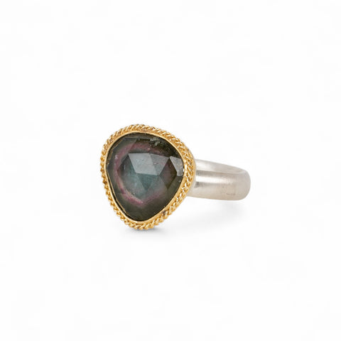 Handcrafted watermelon tourmaline ring with an 18k gold bezel and sterling silver band