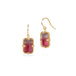 Gold earrings with tourmaline gemstones on a white background
