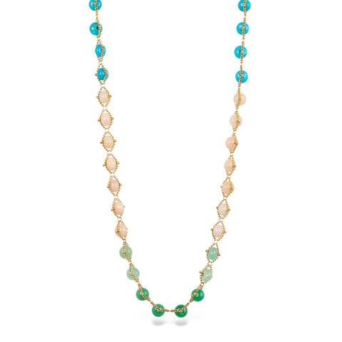 Necklace with multicolored beads on a white background
