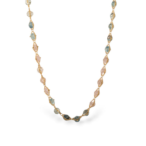 Close up of aquamarine and morganite necklace