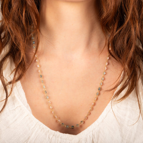 Aquamarine morganite necklace on model