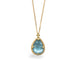 A teardrop shaped aquamarine stone is set in an 18k yellow gold bezel with braided details and granulated prongs. The pendant hangs on a thin gold chain.
