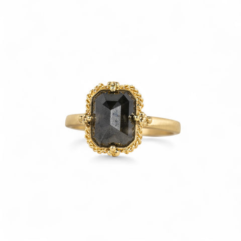 Handmade 18k yellow gold and rectangular black diamond ring