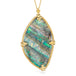 18k yellow gold and boulder opal gemstone necklace on a white background.