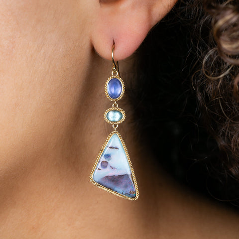 Boulder Opal Tanzanite and Blue Zircon Earrings on model