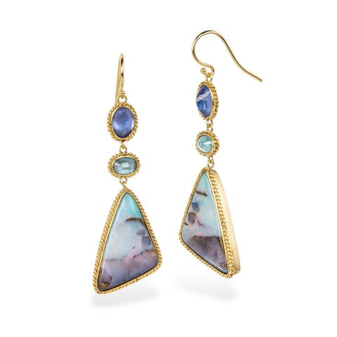 Boulder Opal Tanzanite and Blue Zircon Earrings