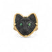 18k yellow gold ring featuring a black cat face carved from onyx with green eyes.