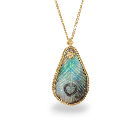 Boulder Opal carved feather necklace