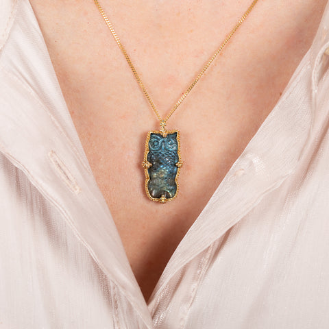 Carved Labradorite Owl Necklace on model