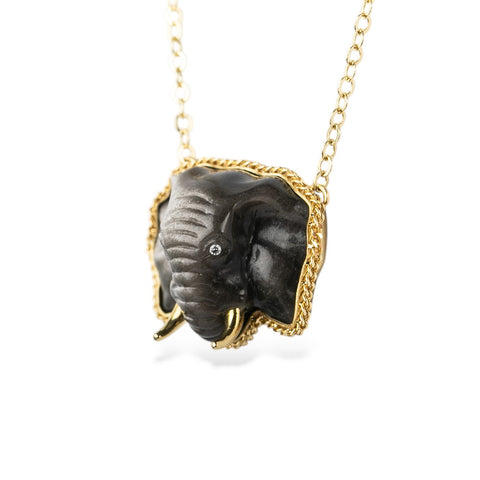 Obsidian Elephant and Gold Necklace