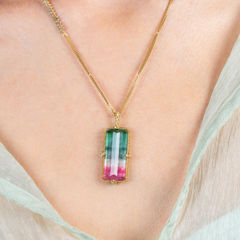 Watermelon Tourmaline necklace on a model.