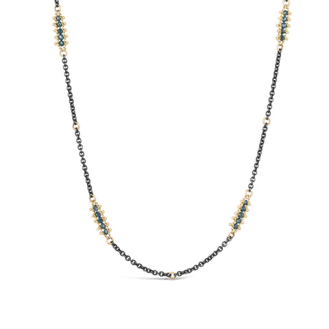 Blue Diamond Textile Station Necklace in Oxidized Silver and 18k Gold