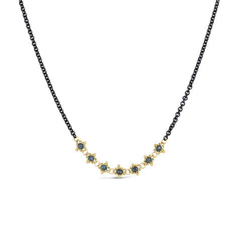 Blue Diamond Textile Row Necklace in Oxidized Silver and 18k Gold