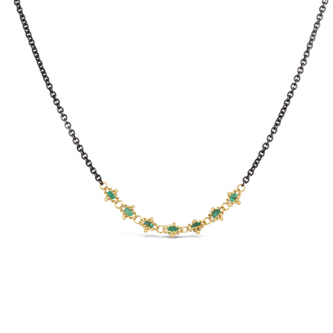 Emerald Textile Row Necklace in Oxidized Silver and 18k Gold