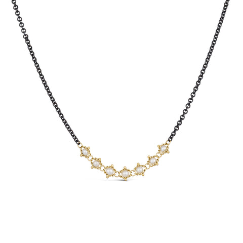 Pearl Textile Row Necklace in Oxidized Silver and 18k Gold