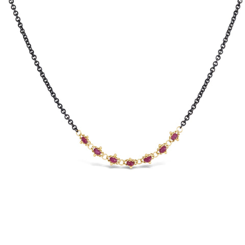 Ruby Textile Row Necklace in Oxidized Silver and 18k Gold
