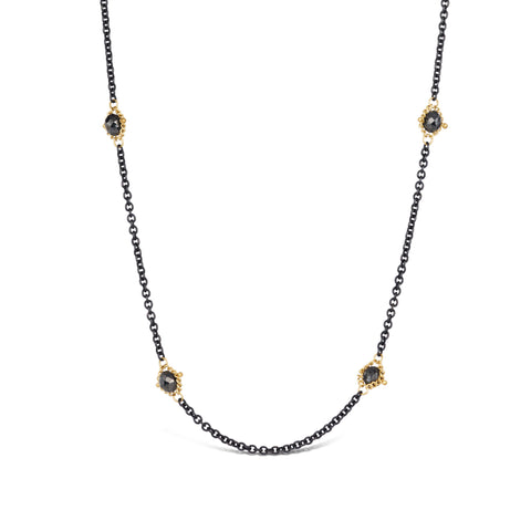 Black Diamond Textile Necklace in Oxidized Silver and 18k Gold