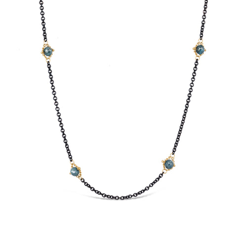 Blue Diamond Textile Necklace in Oxidized Silver and 18k Gold