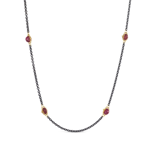 Ruby Textile Necklace in Oxidized Silver and 18k Gold