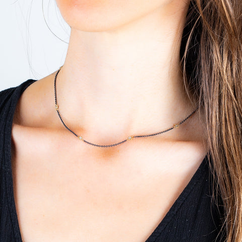 Grey Diamond Petite Stone Necklace in Oxidized Silver and 18k Gold