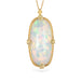 Ethiopian opal gemstone and 18k yellow gold necklace on a white background.