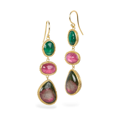 Watermelon Tourmaline Emerad and Ruby Drop Earrings
