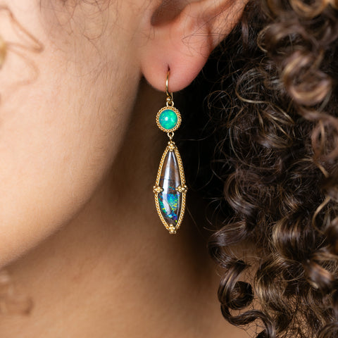 Ethiopian Opal and Boulder Opal Earrings on model