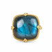 A square-shaped Labradorite gemstone ring set in a handcrafted 18k yellow gold bezel.