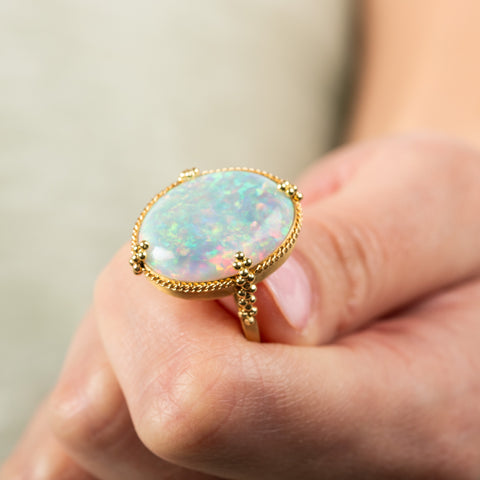 Large oval ethiopian opal ring close up