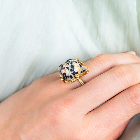Leopard Jasper ring on a model side view.