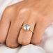 A model wears a handmade mabe pearl and 18k yellow gold ring.