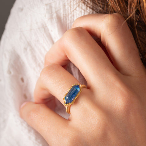 Moonstone ring close up on model