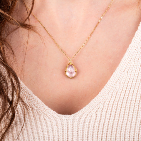 Morganite necklace on a model