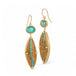 A pair of long, sand-colored earrings featuring opalized wood, suspended from small oval-shaped opals and set in 18k yellow gold.