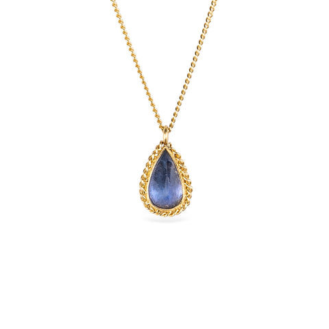 18k yellow gold necklace featuring a small tanzanite teardrop gemstone.