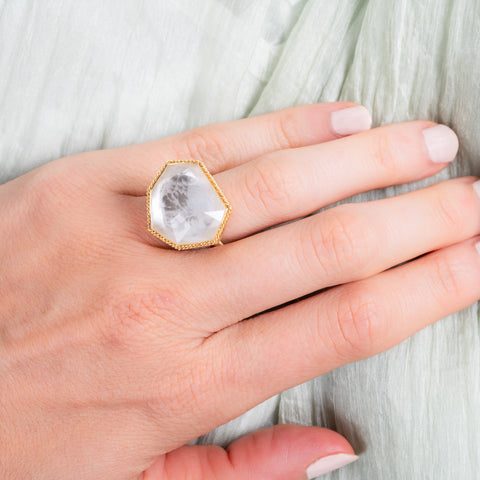 Rock Crystal ring on a model.