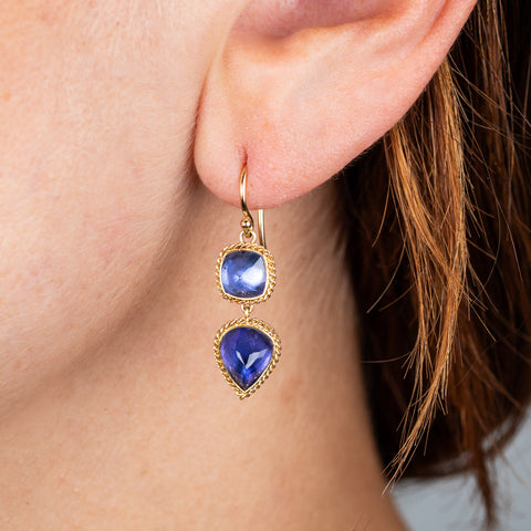 tanzanite drop earrings on model