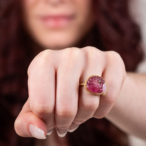 Carved tourmaline parrot ring on model