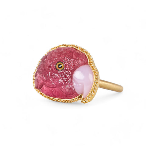 Carved tourmaline parrot ring side view