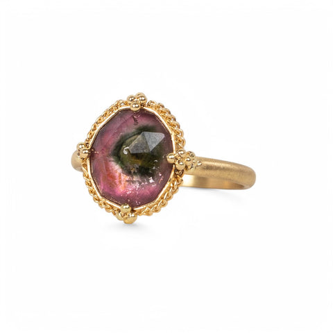 18k Gold Watermelon Tourmaline ring side view