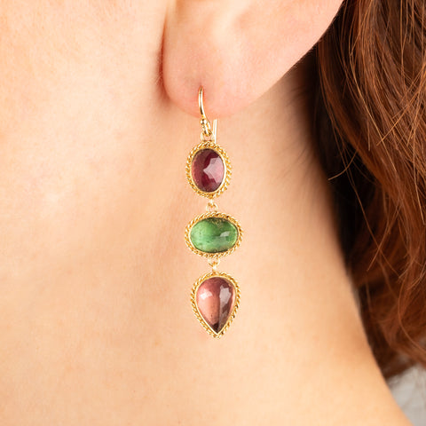 Tourmaline trio earrings on a model