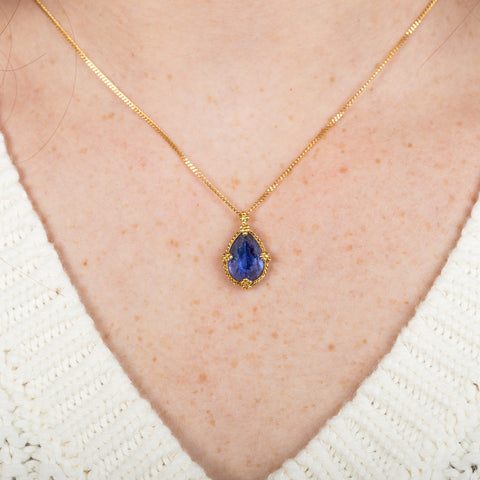 Tanzanite teardrop necklace on model